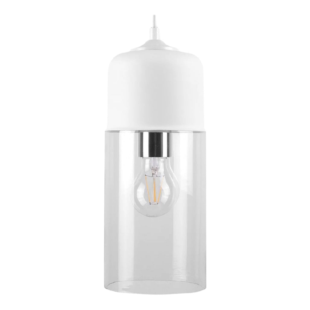 **Suspension en verre transparent avec abat-jour en céramique blanche**