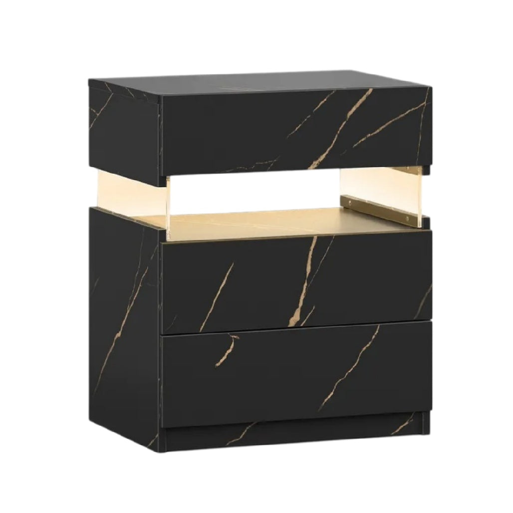 **Table de nuit moderne en MDF noir avec finition marbrée et accents dorés**